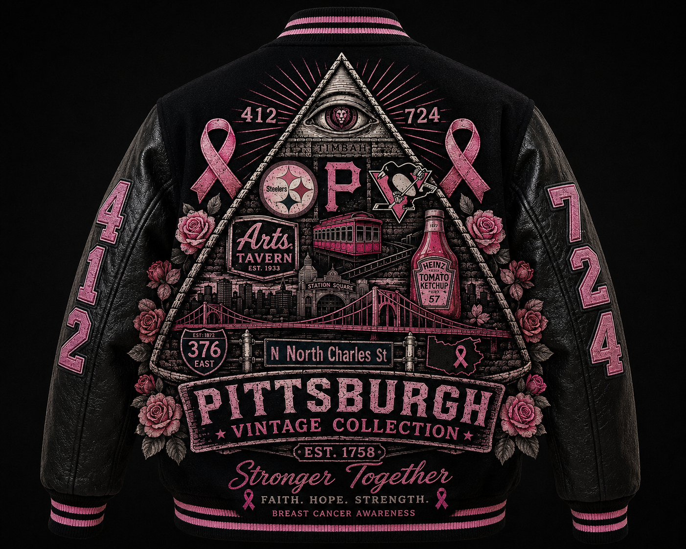 TIMBAH Pittsburgh “Stronger Together” Letterman Jacket – Breast Cancer Awareness Edition