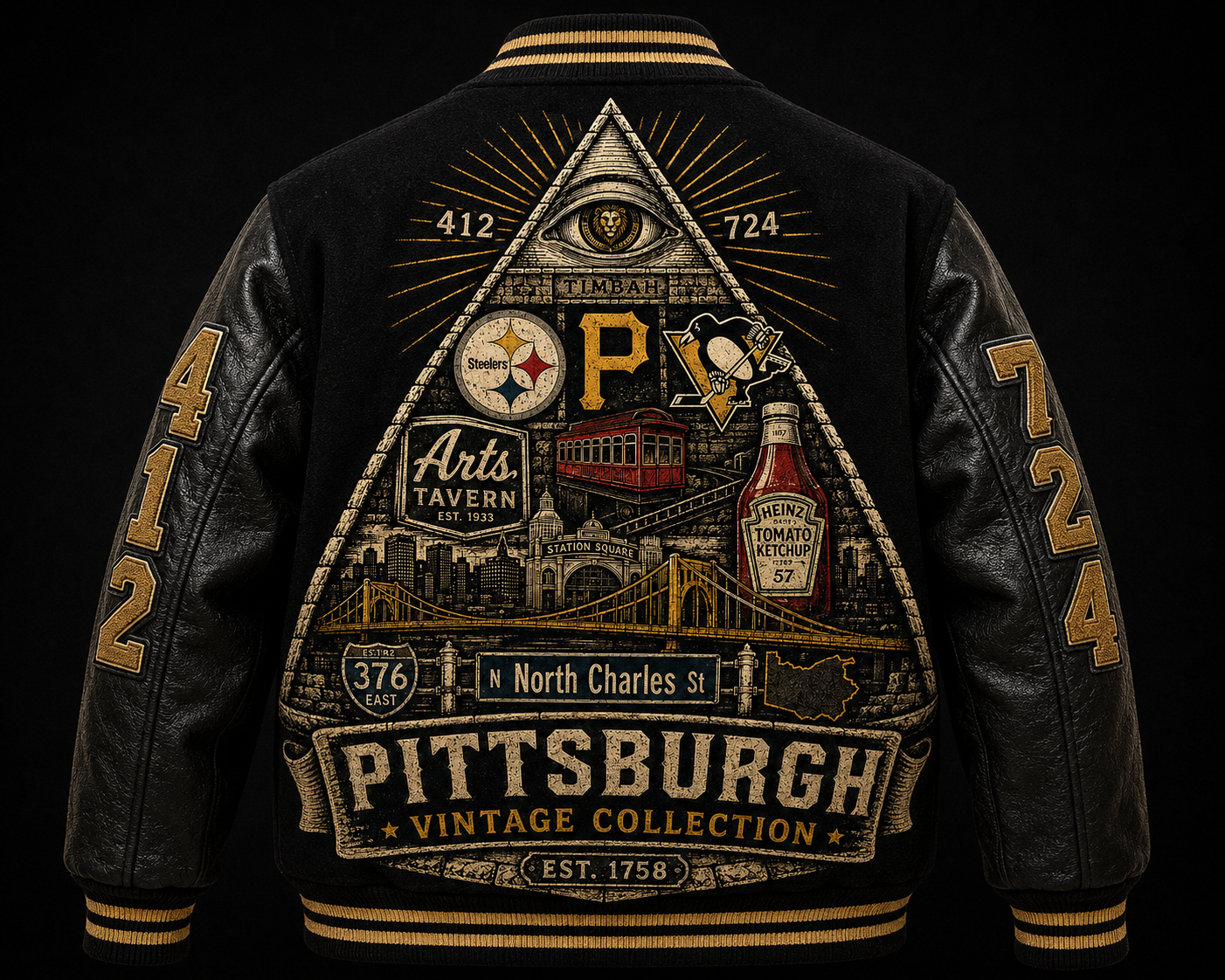 TIMBAH Pittsburgh Vintage Letterman Jacket – Black & Gold